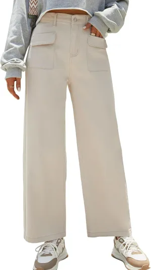 Dokotoo Women's Pants High Waisted Cargo Pants Women Baggy Jeans for Women Straight Wide Leg 2025 Spring Outfits Fashion Clothes Casual Trendy Pocket Teen Girls Trousers Stretch Denim Khaki