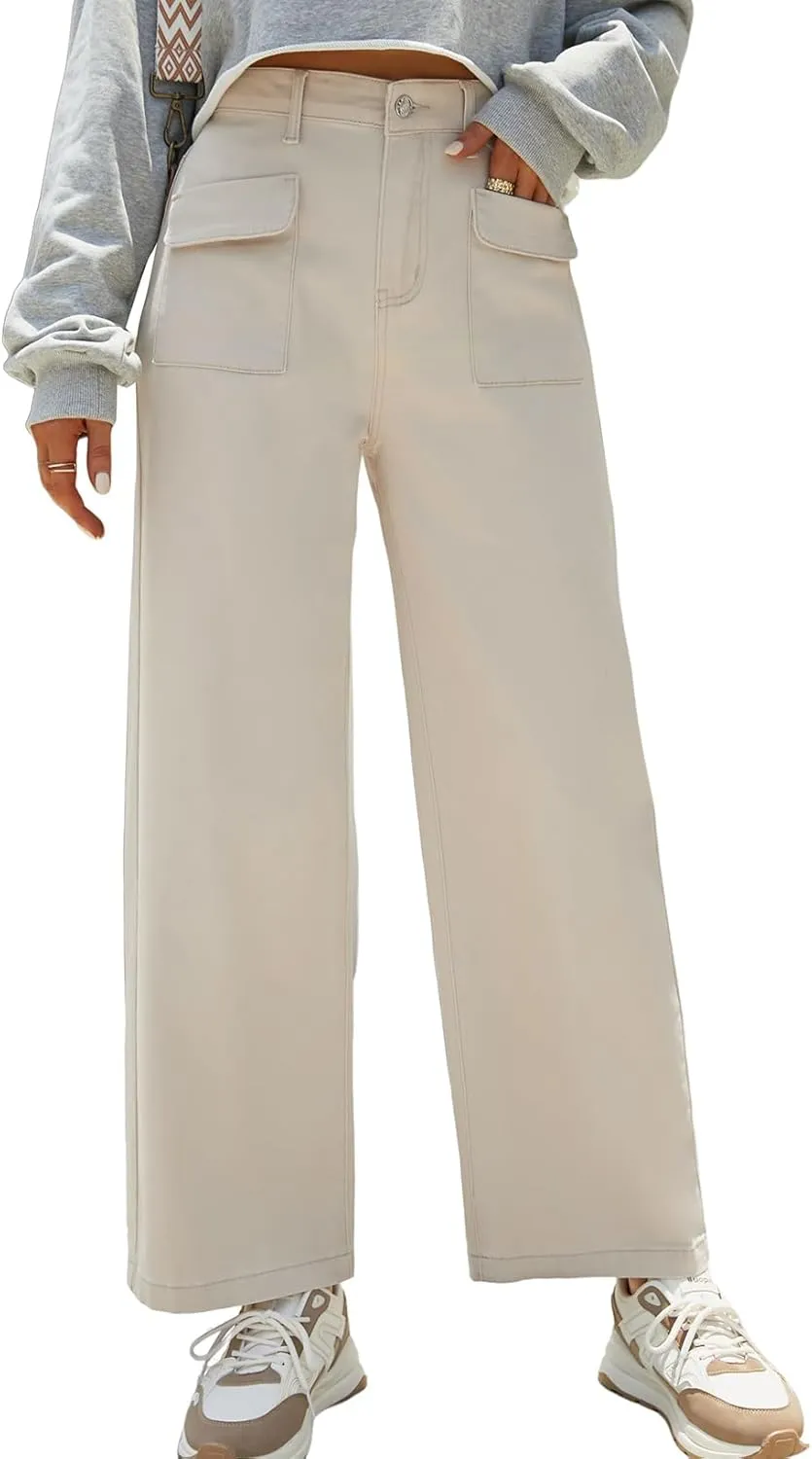 Dokotoo Women's Pants High Waisted Cargo Pants Women Baggy Jeans for Women Straight Wide Leg 2025 Spring Outfits Fashion Clothes Casual Trendy Pocket Teen Girls Trousers Stretch Denim Khaki