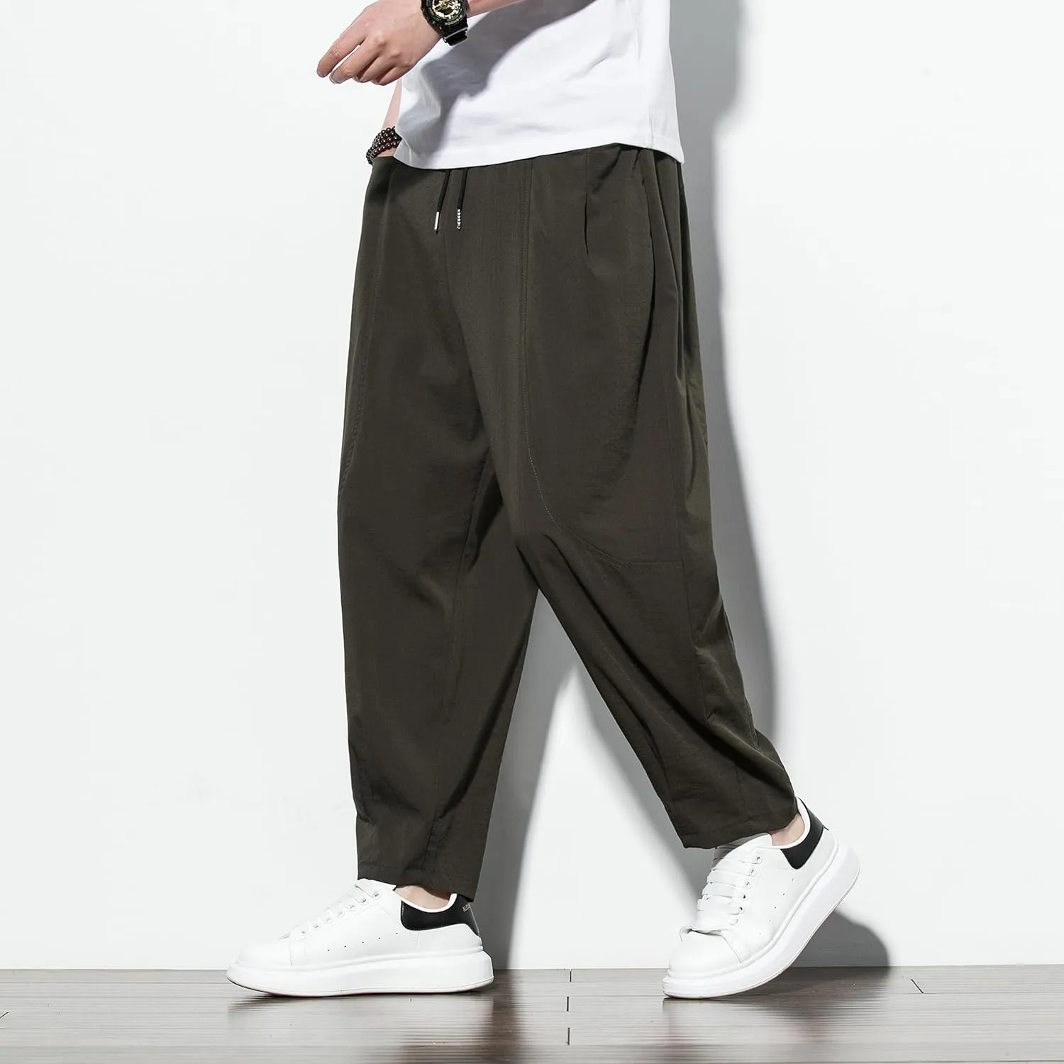 DOSLAVIDA Men's Linen Harem Pants Lightweight Elastic Waist Yoga Pants Casual Summer Beach Trouser with Pockets