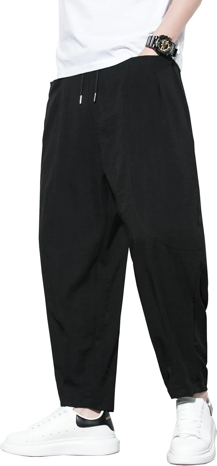 DOSLAVIDA Men's Linen Harem Pants Lightweight Elastic Waist Yoga Pants Casual Summer Beach Trouser with Pockets