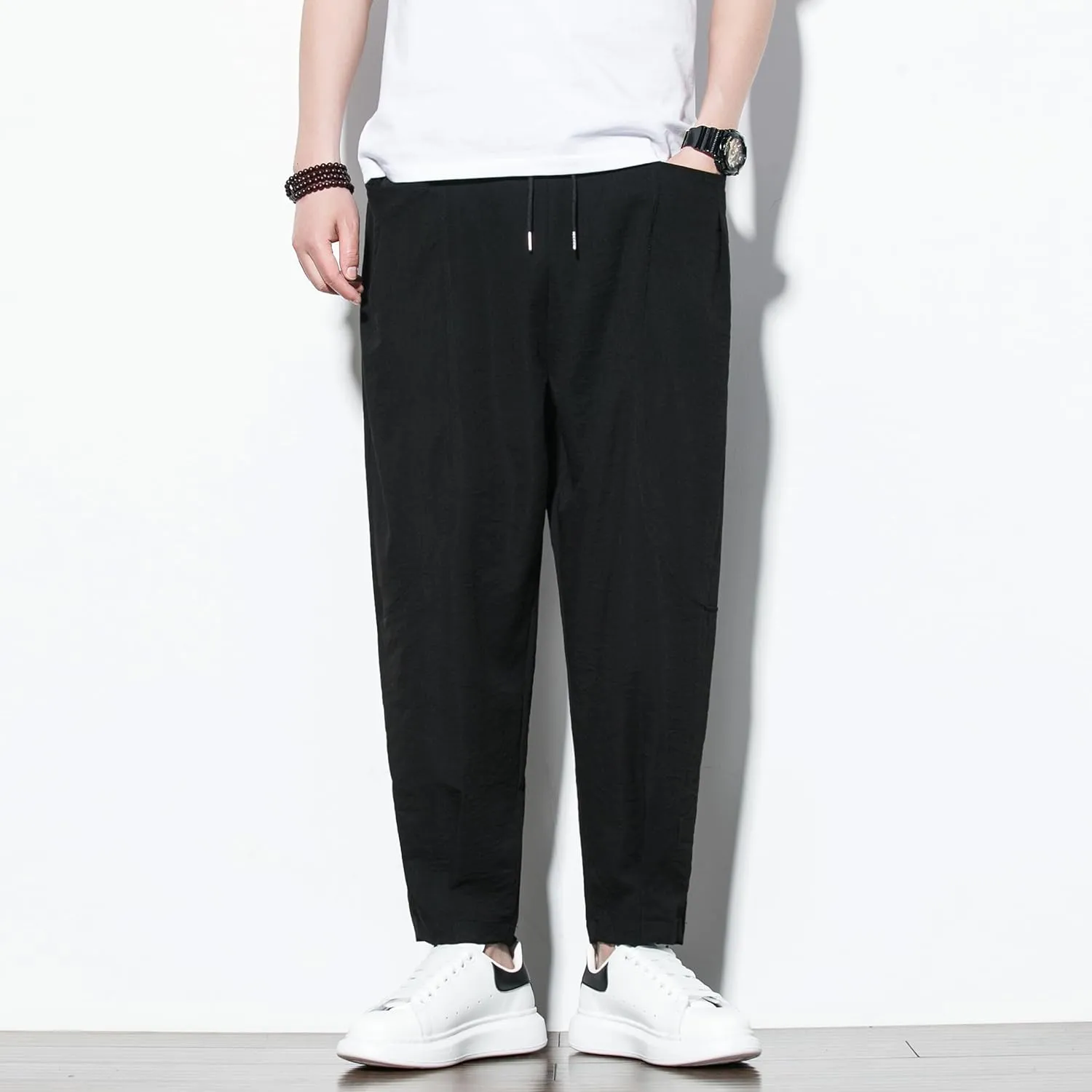 DOSLAVIDA Men's Linen Harem Pants Lightweight Elastic Waist Yoga Pants Casual Summer Beach Trouser with Pockets