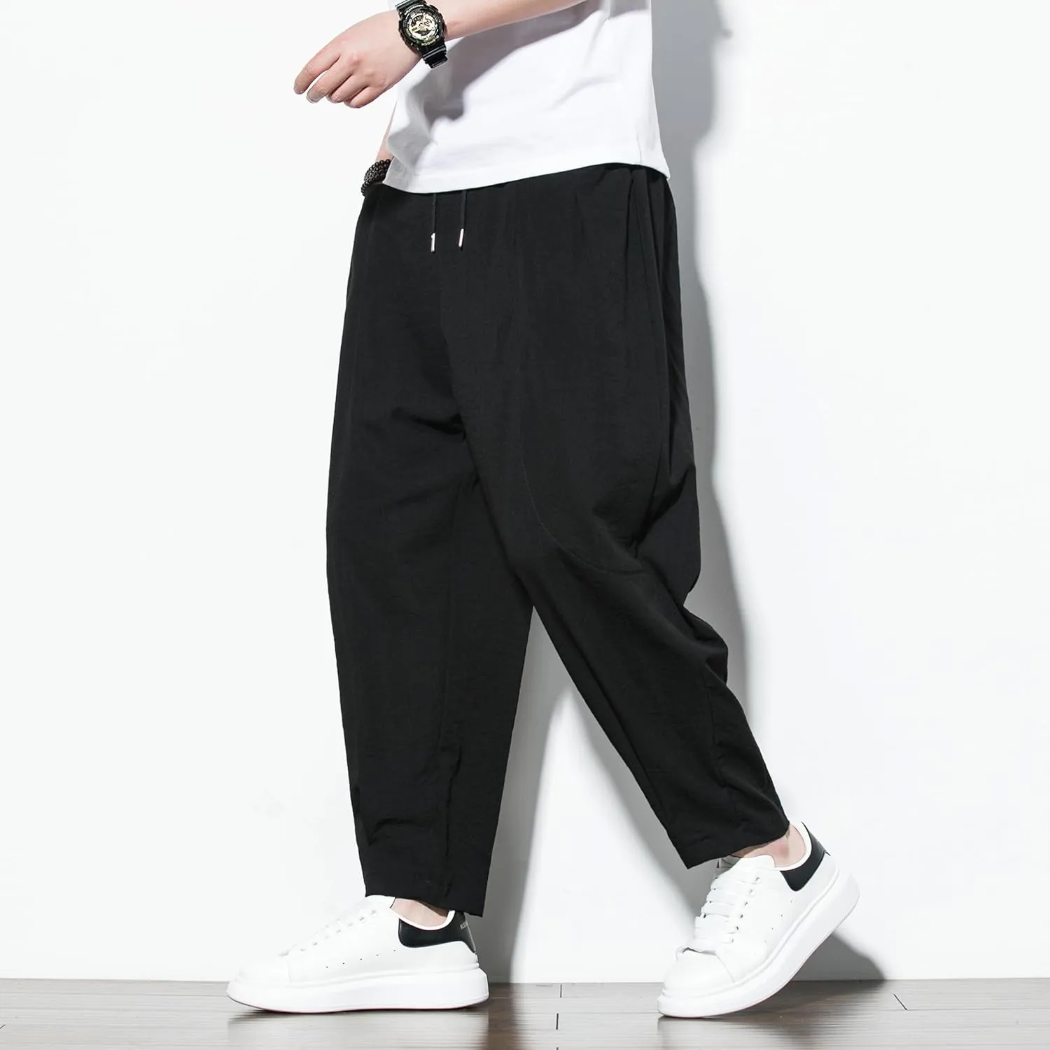 DOSLAVIDA Men's Linen Harem Pants Lightweight Elastic Waist Yoga Pants Casual Summer Beach Trouser with Pockets