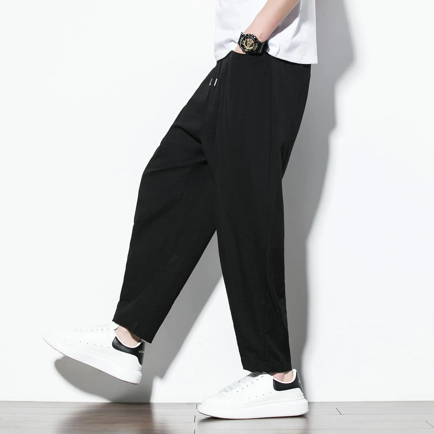 DOSLAVIDA Men's Linen Harem Pants Lightweight Elastic Waist Yoga Pants Casual Summer Beach Trouser with Pockets