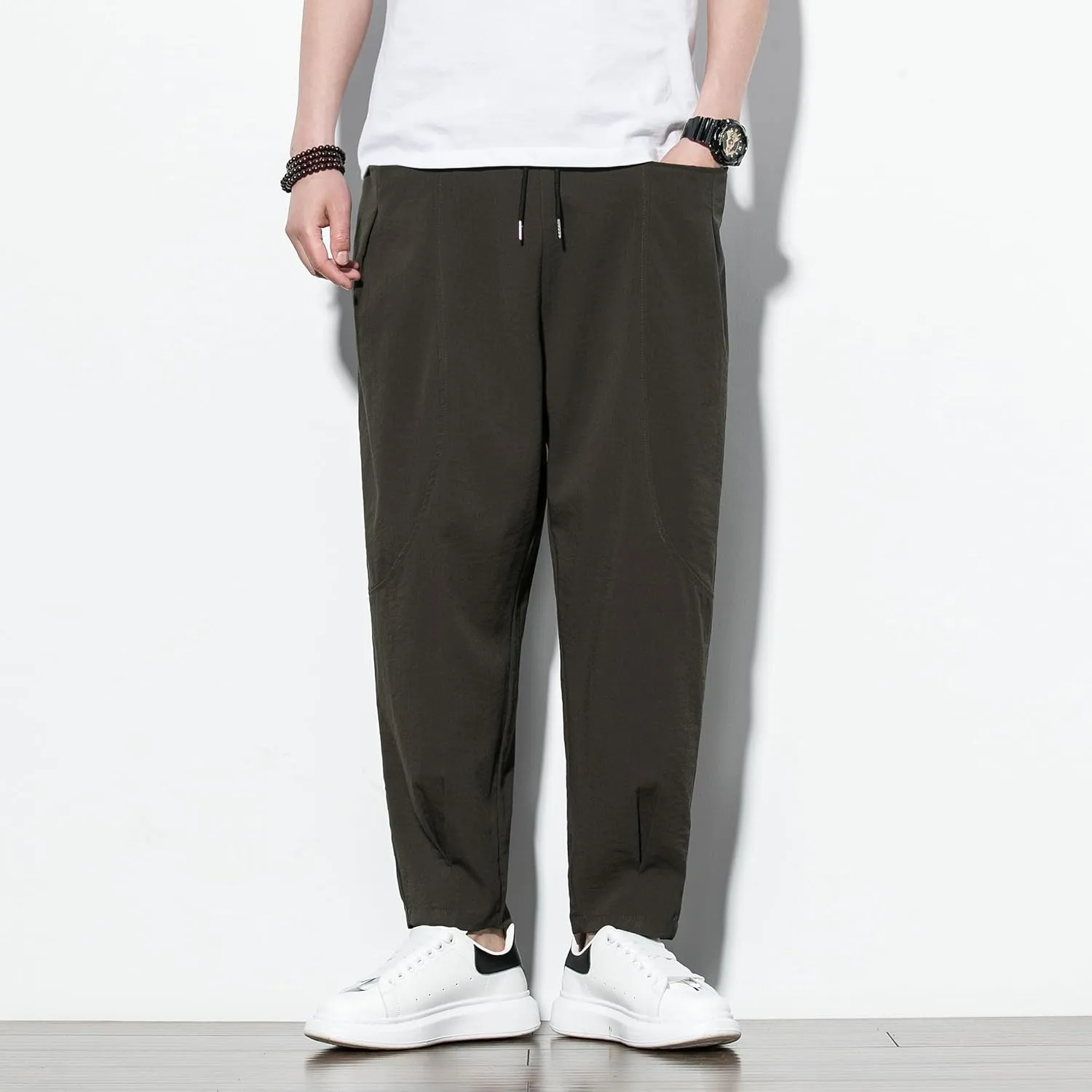 DOSLAVIDA Men's Linen Harem Pants Lightweight Elastic Waist Yoga Pants Casual Summer Beach Trouser with Pockets
