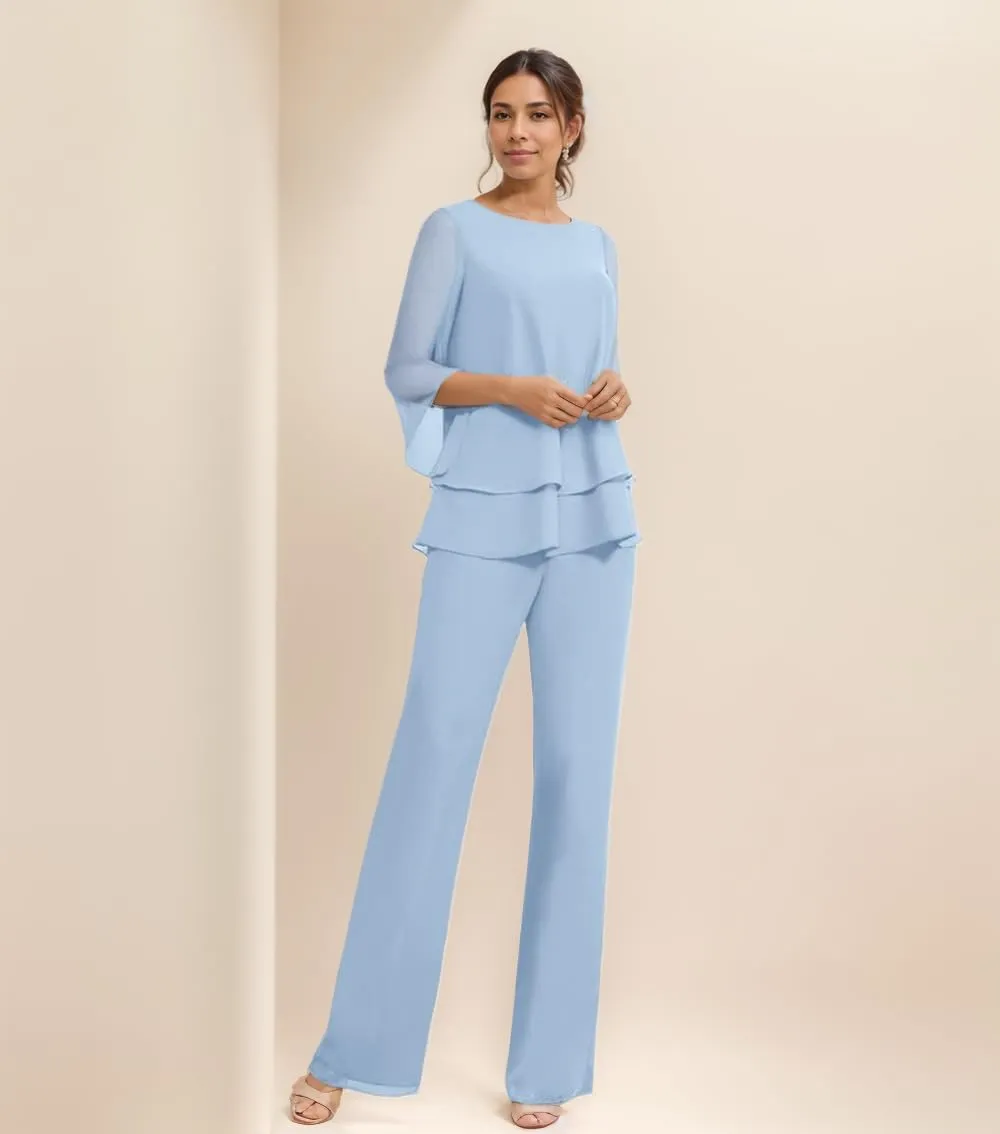Dressy Mother of The Bride Pant Suits for Wedding Chiffon 2 Piece Evening Outfits Women Formal Pantsuits with Sleeve