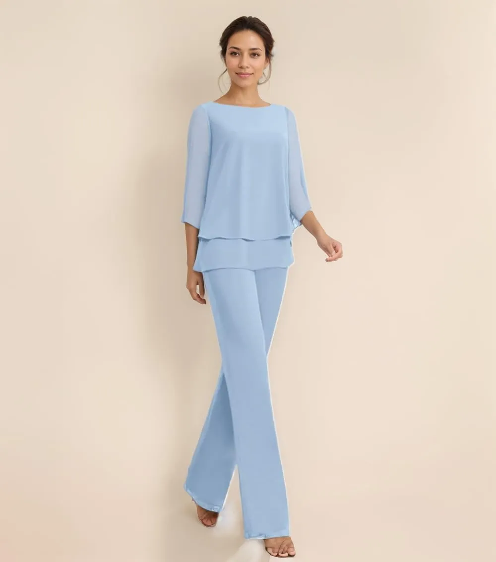 Dressy Mother of The Bride Pant Suits for Wedding Chiffon 2 Piece Evening Outfits Women Formal Pantsuits with Sleeve
