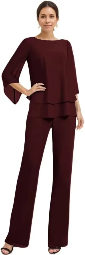 Dressy Mother of The Bride Pant Suits for Wedding Chiffon 2 Piece Evening Outfits Women Formal Pantsuits with Sleeve