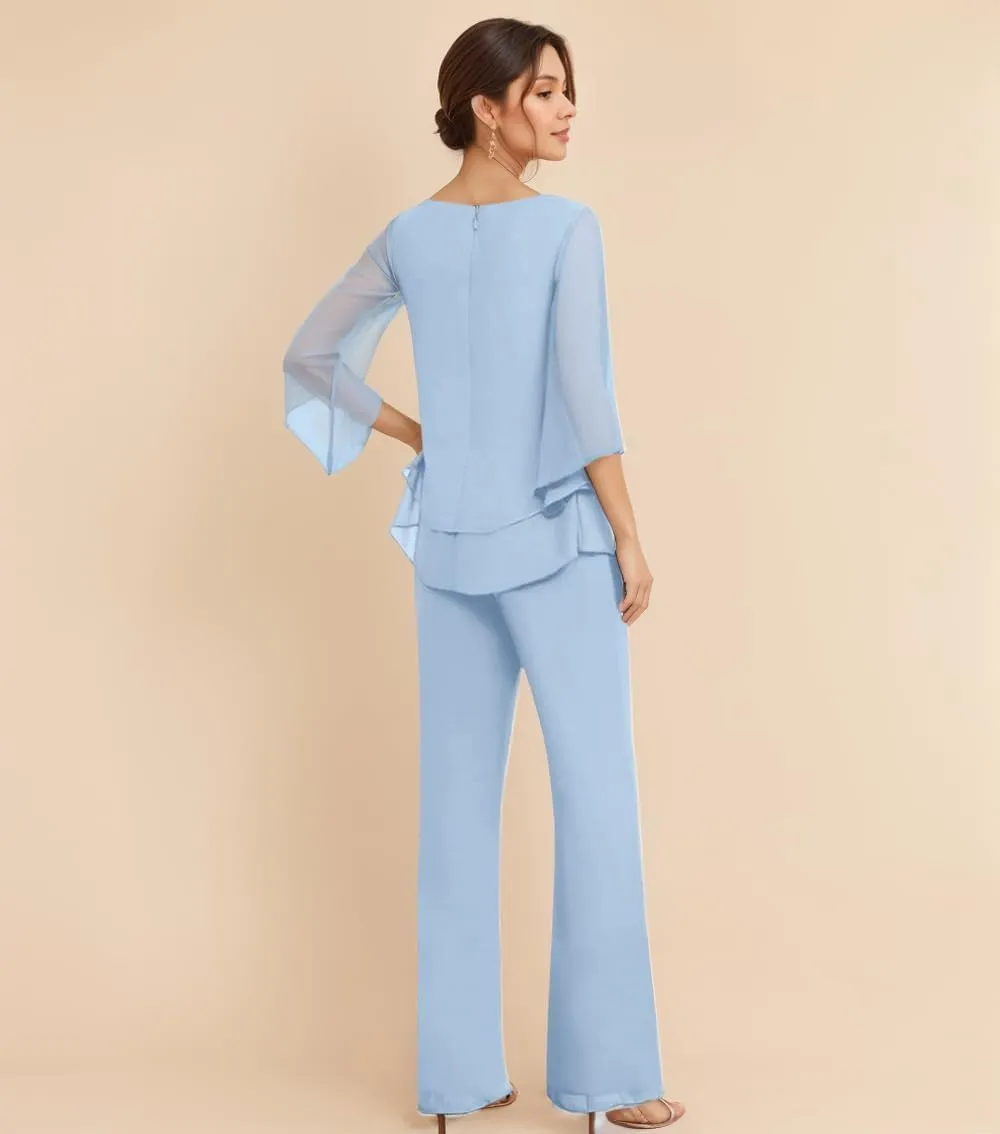 Dressy Mother of The Bride Pant Suits for Wedding Chiffon 2 Piece Evening Outfits Women Formal Pantsuits with Sleeve