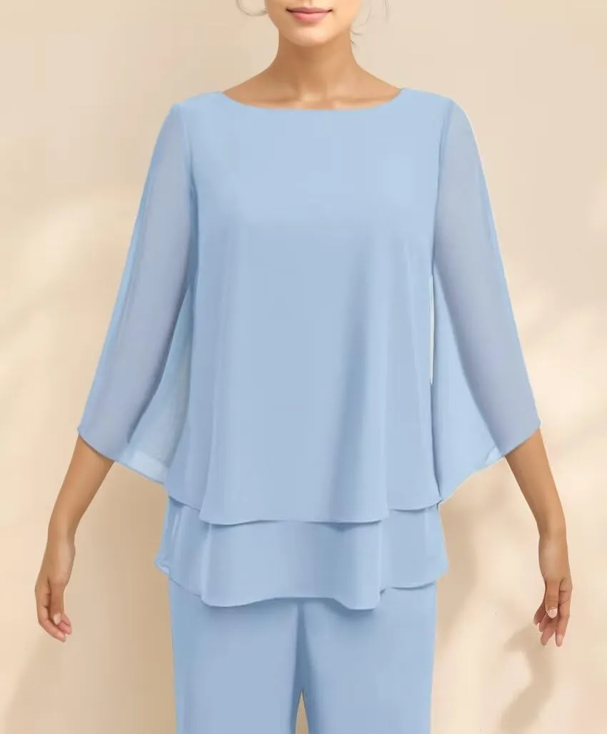 Dressy Mother of The Bride Pant Suits for Wedding Chiffon 2 Piece Evening Outfits Women Formal Pantsuits with Sleeve