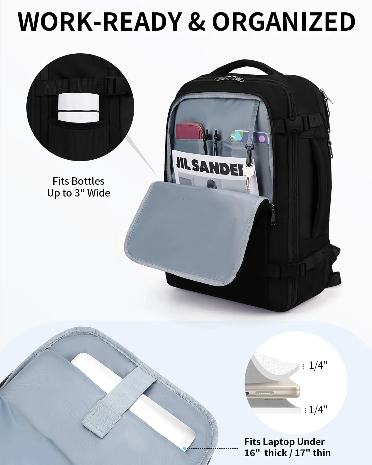 ECOHUB Carry On Travel Backpack, Expandable Airlines Personal Item Bag 18x14x8, Water Resistant 17 inch Laptop Backpack Flight Approved, 12 Pockets 30L Work Backpacks with Wet Pocket & Cable Slot