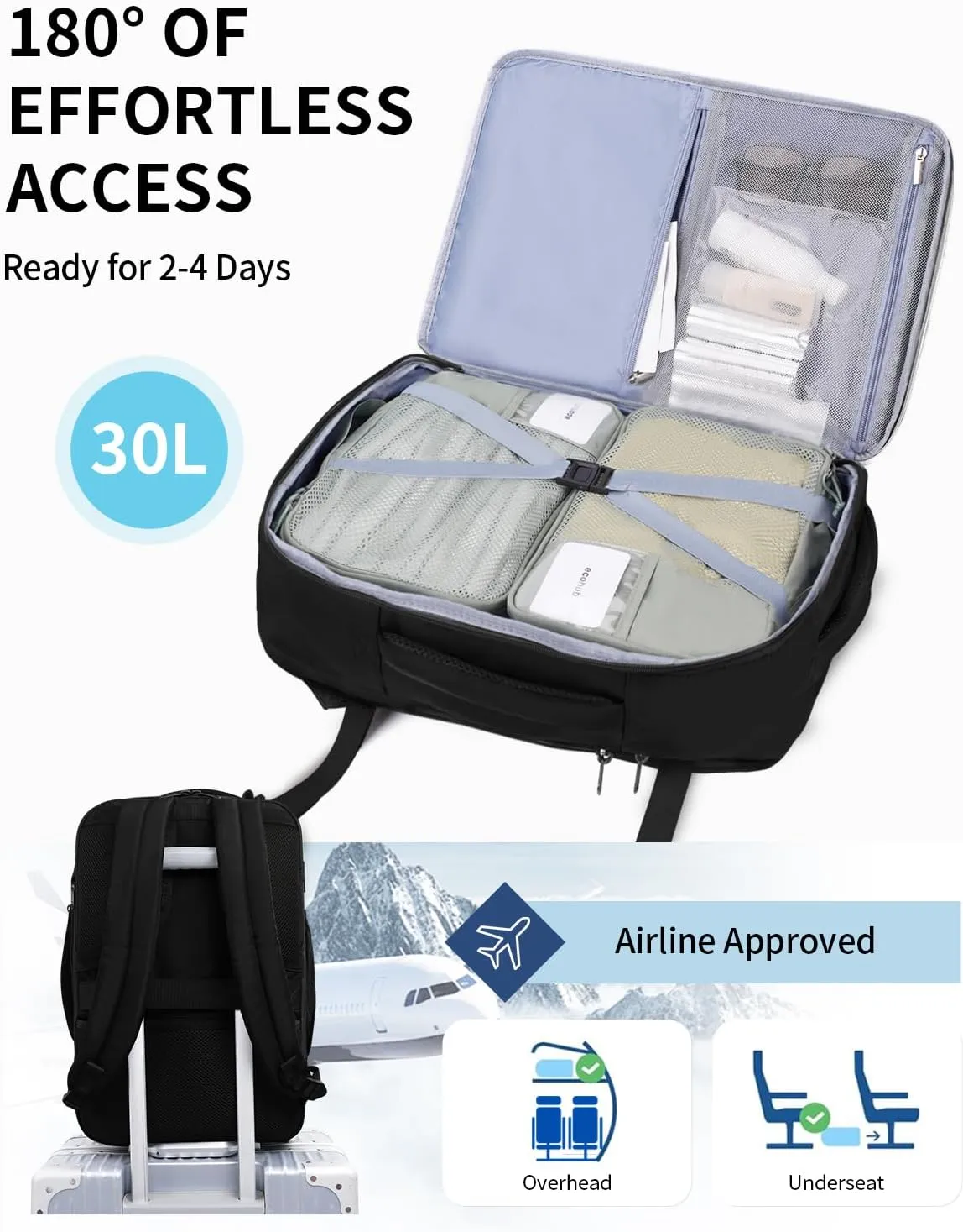 ECOHUB Carry On Travel Backpack, Expandable Airlines Personal Item Bag 18x14x8, Water Resistant 17 inch Laptop Backpack Flight Approved, 12 Pockets 30L Work Backpacks with Wet Pocket & Cable Slot