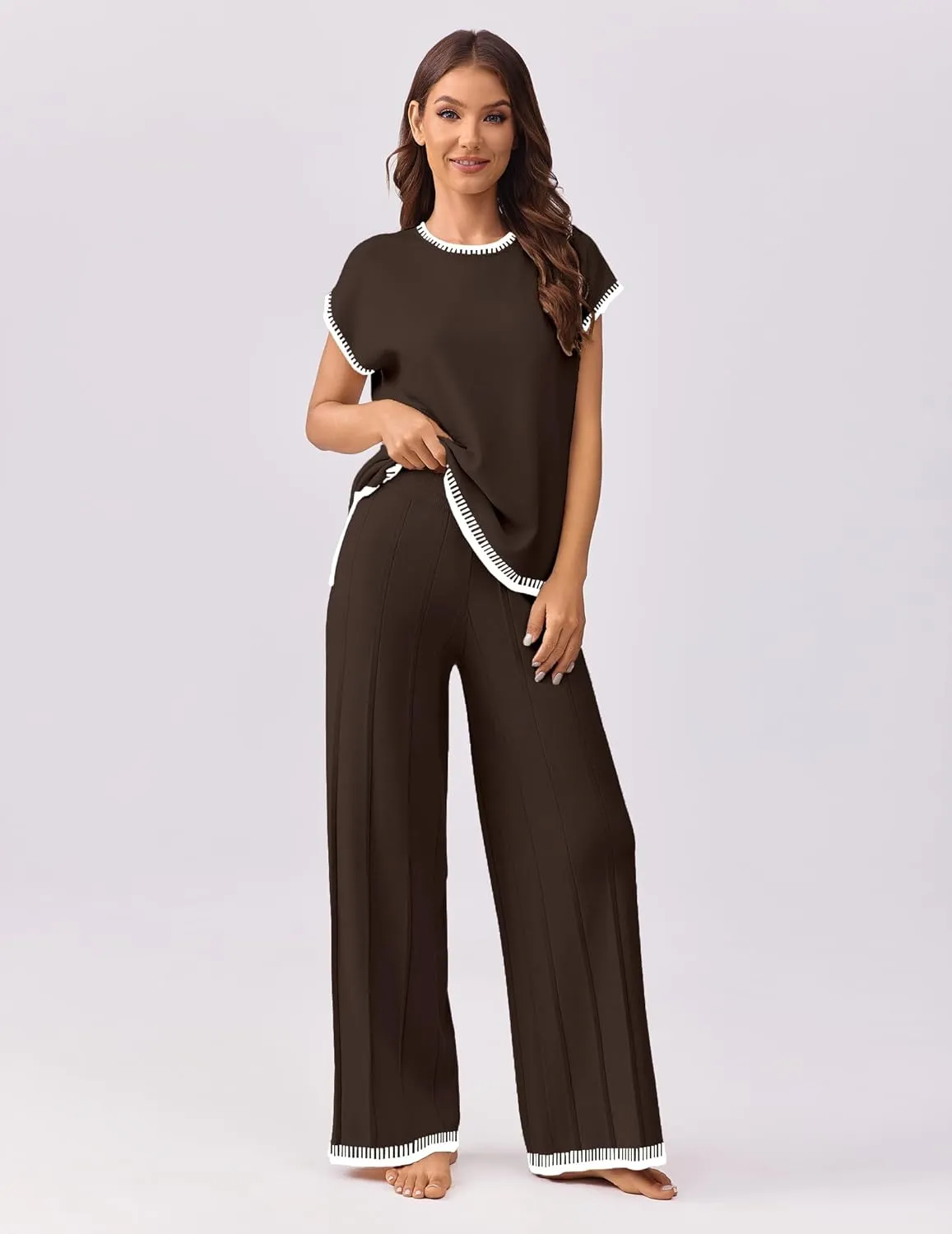 Ekouaer Womens Matching Sets Knit Sweater Sets 2 Pieces Outfits Pullover Tops Wide Legs Pants Lounge Set