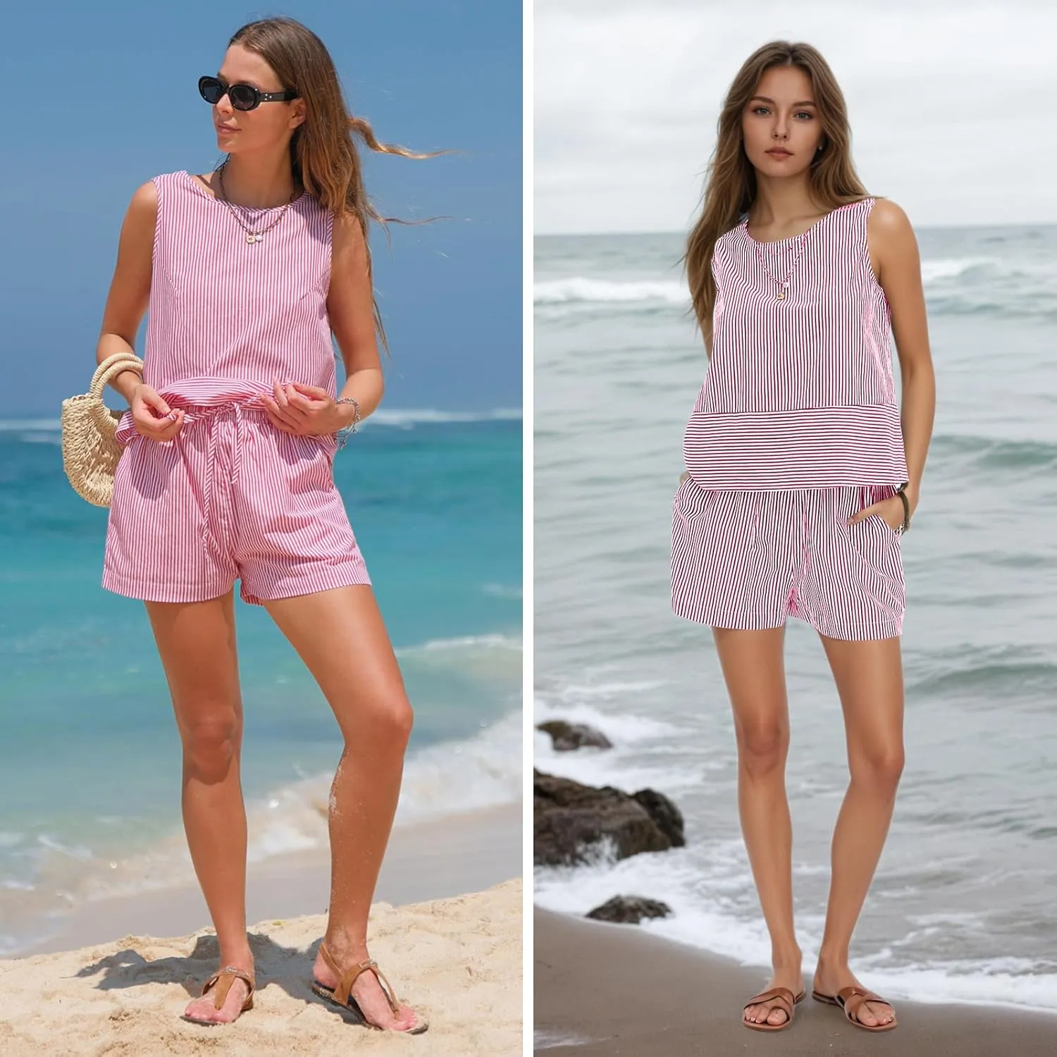 EXLURA Women's Summer 2 Piece Outfits Sleeveless Tank Top Matching Shorts Sets Cotton Striped Sweatsuits Vacation Beach 2025