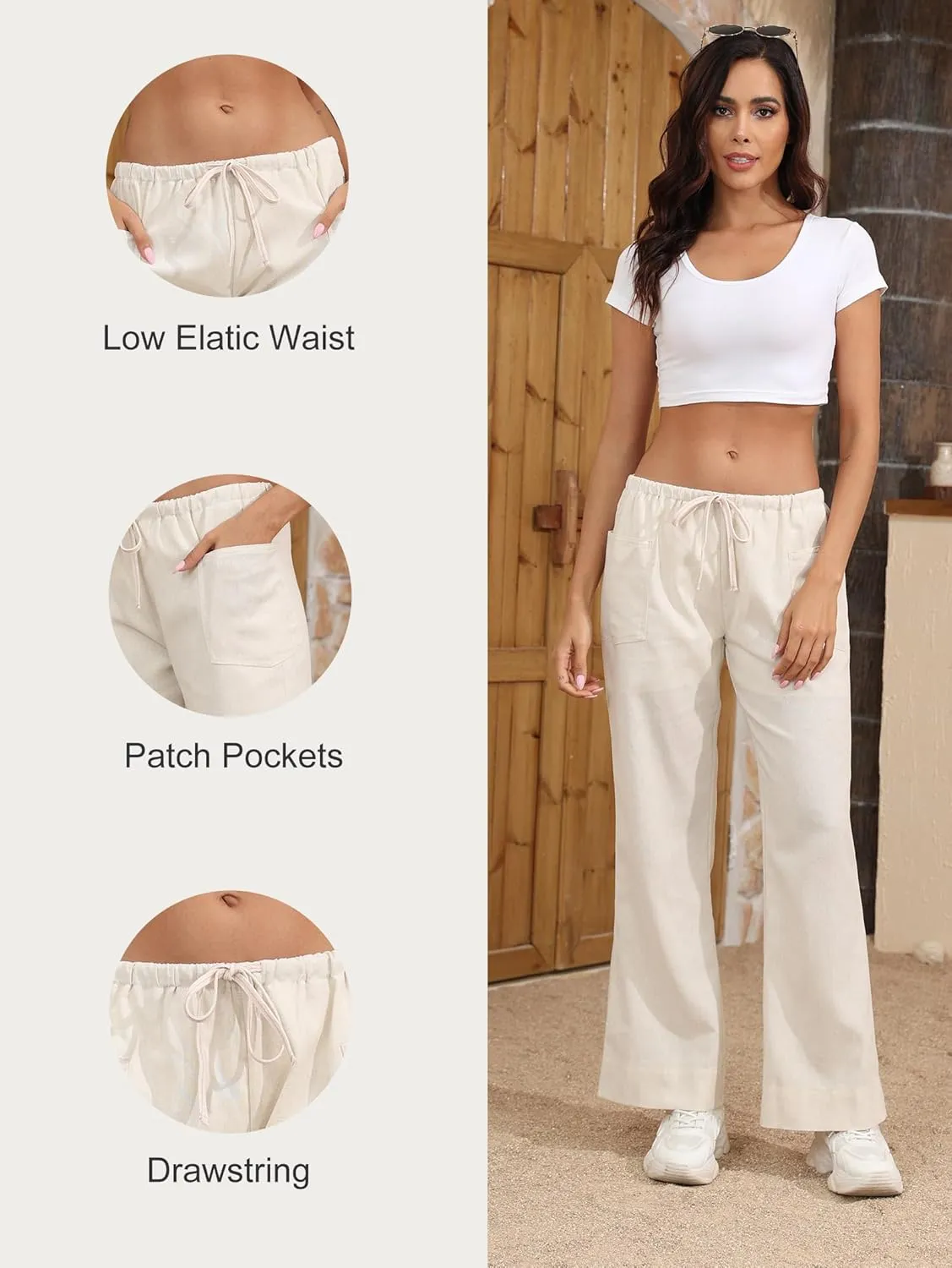 Famulily Womens Linen Pants Summer Wide Leg Casual Loose Drawstring Low Waist Palazzo Pants Lined Trousers with Patch Pockets