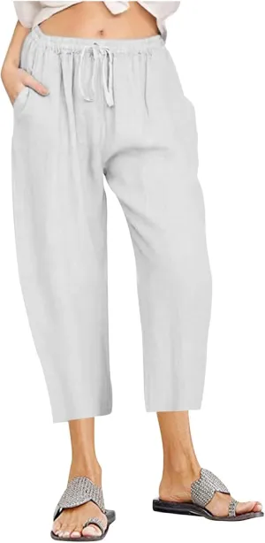 Firzero Linen Pants for Women 2024 Summer Beach Capris Sweatpants Elastic High Waist Yoga Pants Cropped Lounge Pants