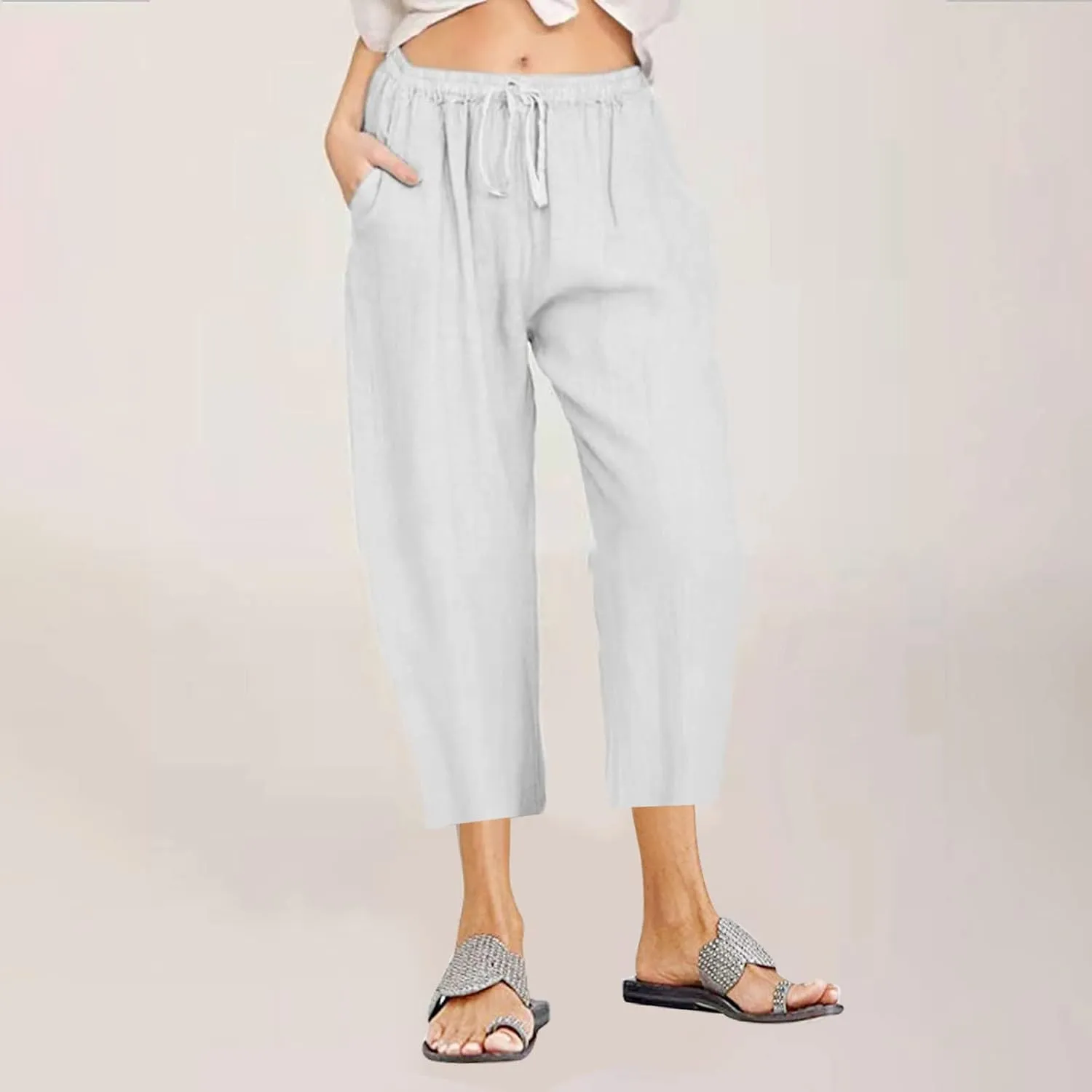 Firzero Linen Pants for Women 2024 Summer Beach Capris Sweatpants Elastic High Waist Yoga Pants Cropped Lounge Pants