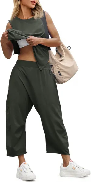 Fisoew Women's Summer 2 Piece Outfits Sleeveless Tank Tops and Wide Leg Pocketed Pants Workout Sweat Sets