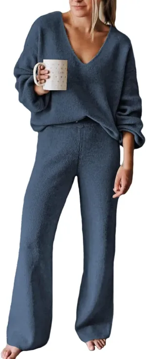 Fixmatti Women 2 Piece Knit Set Long Sleeve Pullover Sweater Top Wide Leg Pant Sweatsuit Outfits