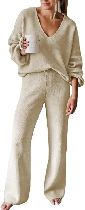 Fixmatti Women 2 Piece Knit Set Long Sleeve Pullover Sweater Top Wide Leg Pant Sweatsuit Outfits