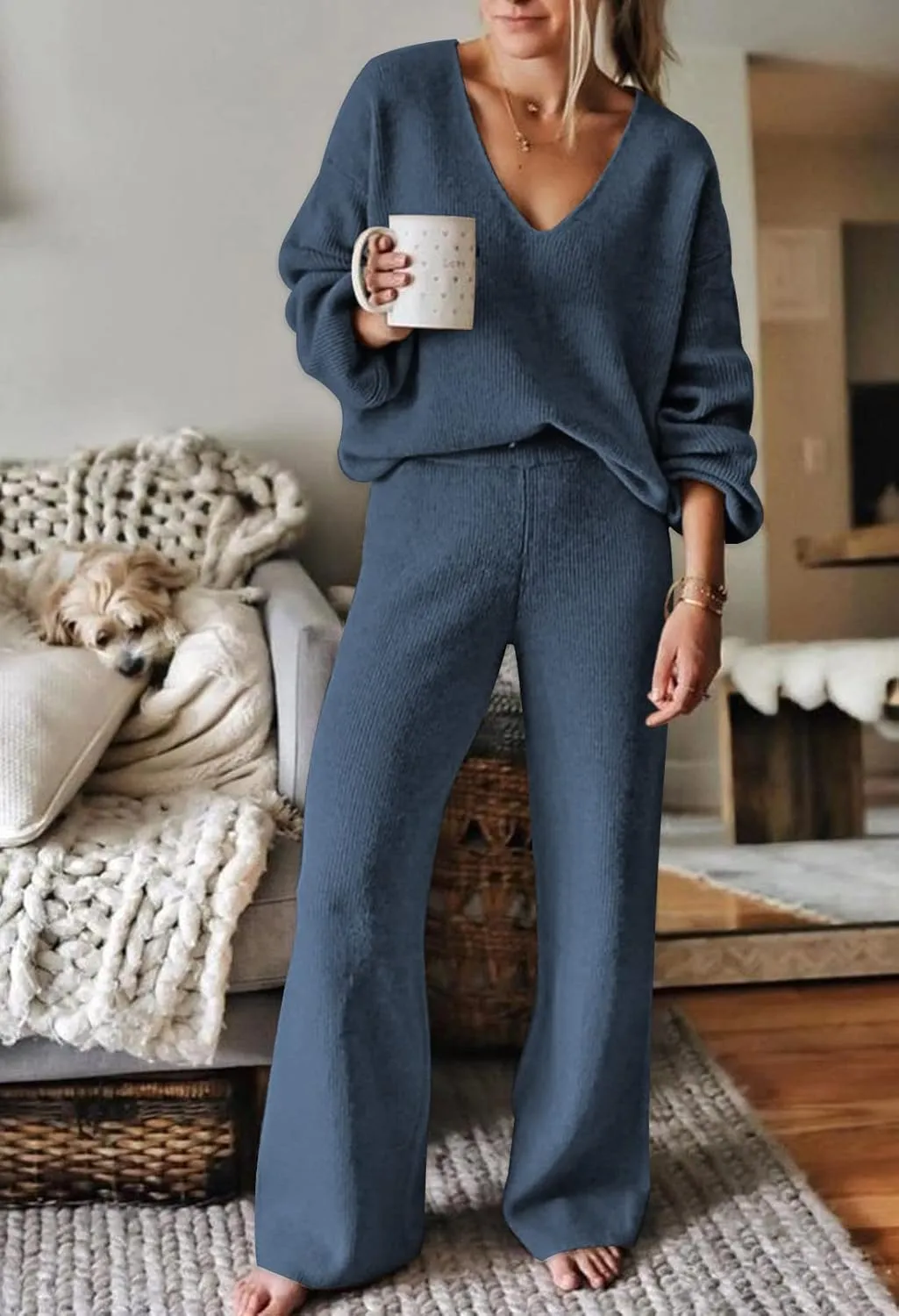 Fixmatti Women 2 Piece Knit Set Long Sleeve Pullover Sweater Top Wide Leg Pant Sweatsuit Outfits