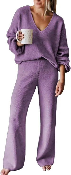 Fixmatti Women 2 Piece Knit Set Long Sleeve Pullover Sweater Top Wide Leg Pant Sweatsuit Outfits