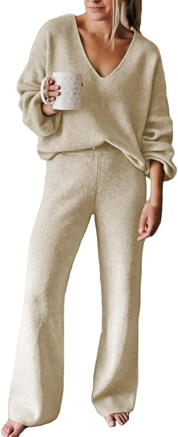 Fixmatti Women 2 Piece Knit Set Long Sleeve Pullover Sweater Top Wide Leg Pant Sweatsuit Outfits