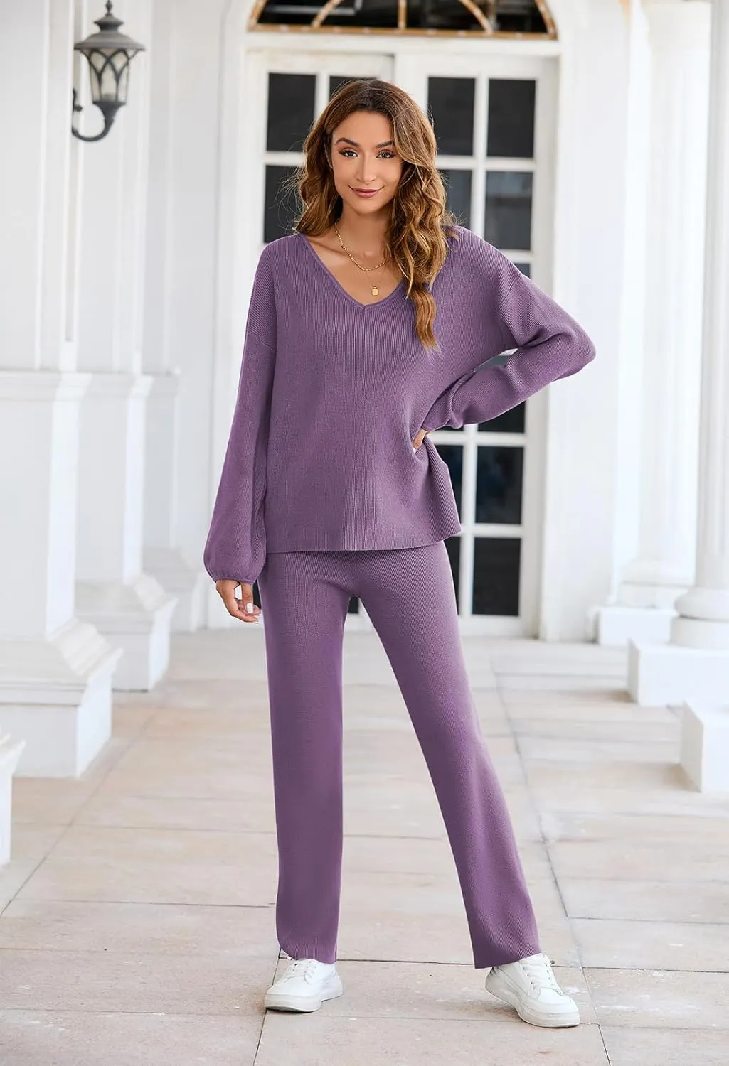 Fixmatti Women 2 Piece Knit Set Long Sleeve Pullover Sweater Top Wide Leg Pant Sweatsuit Outfits