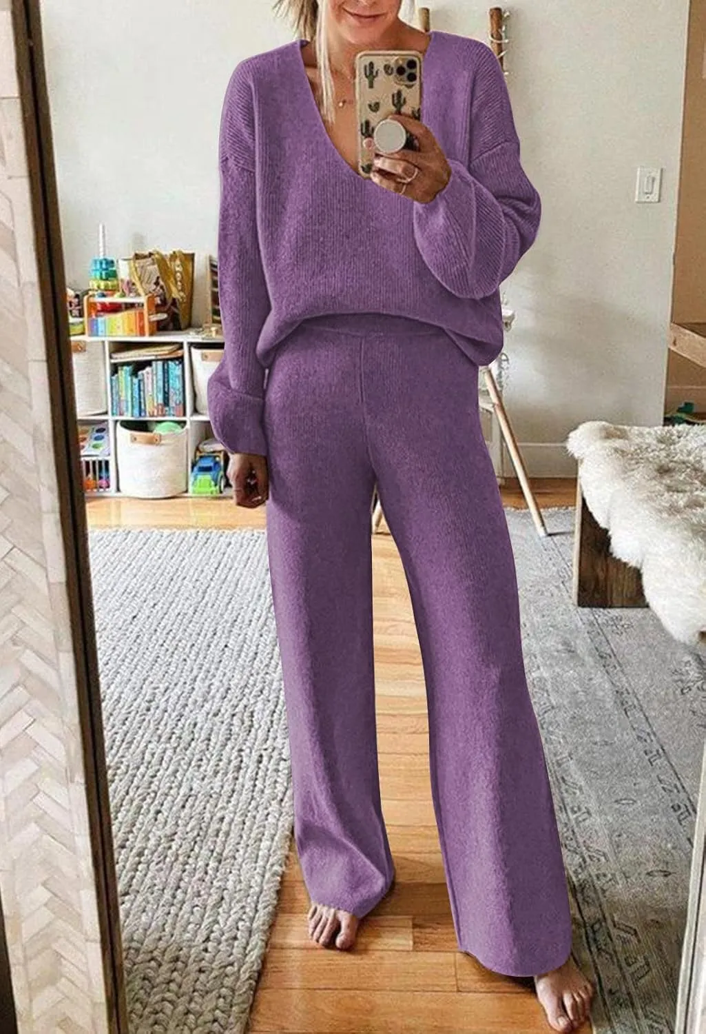 Fixmatti Women 2 Piece Knit Set Long Sleeve Pullover Sweater Top Wide Leg Pant Sweatsuit Outfits
