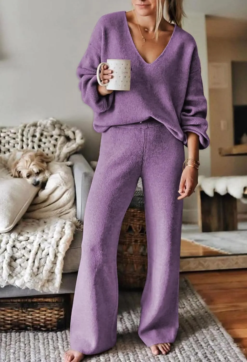 Fixmatti Women 2 Piece Knit Set Long Sleeve Pullover Sweater Top Wide Leg Pant Sweatsuit Outfits