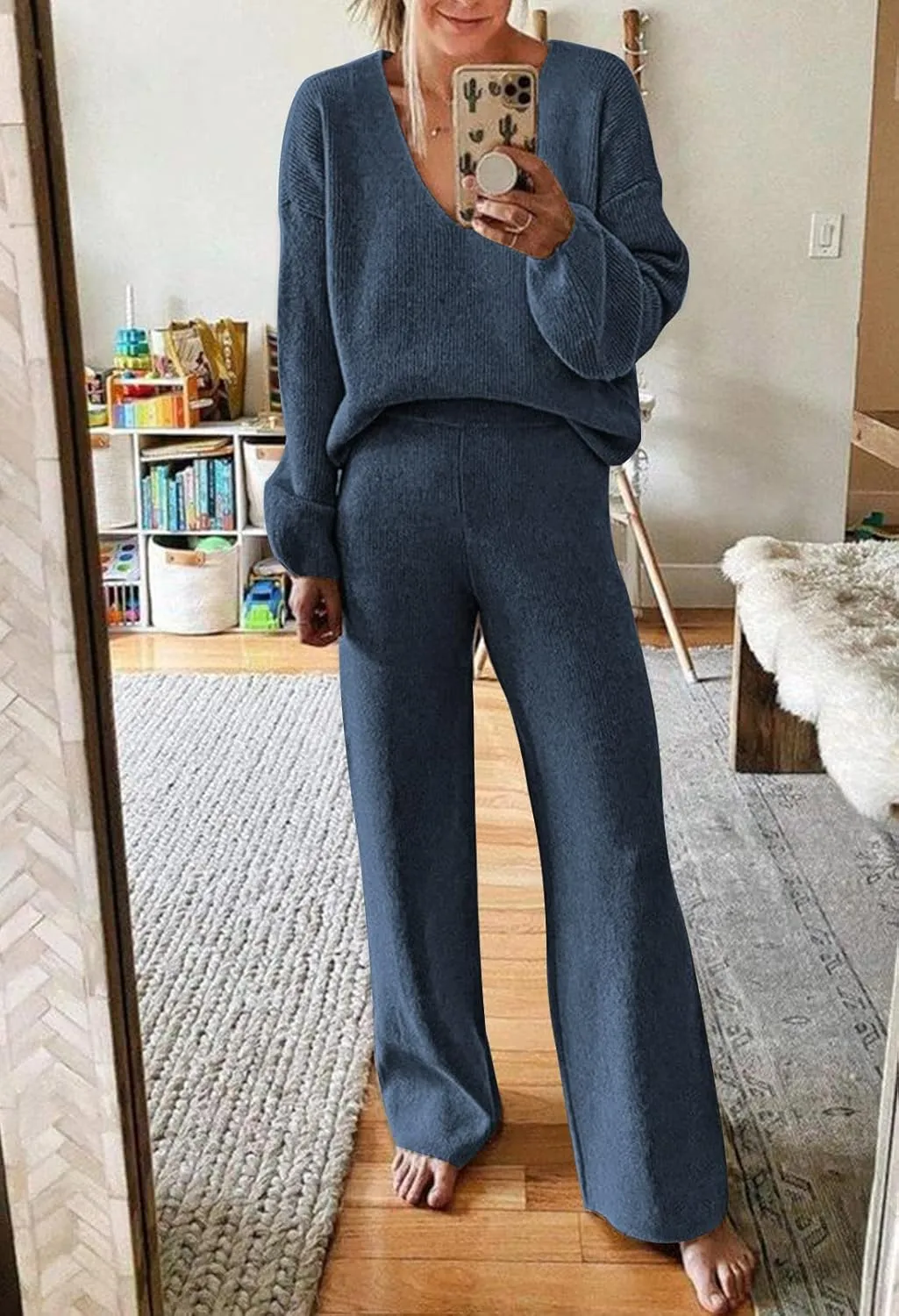 Fixmatti Women 2 Piece Knit Set Long Sleeve Pullover Sweater Top Wide Leg Pant Sweatsuit Outfits