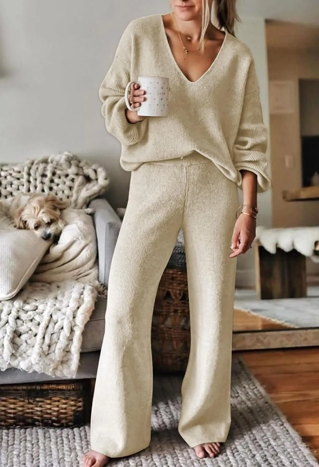 Fixmatti Women 2 Piece Knit Set Long Sleeve Pullover Sweater Top Wide Leg Pant Sweatsuit Outfits