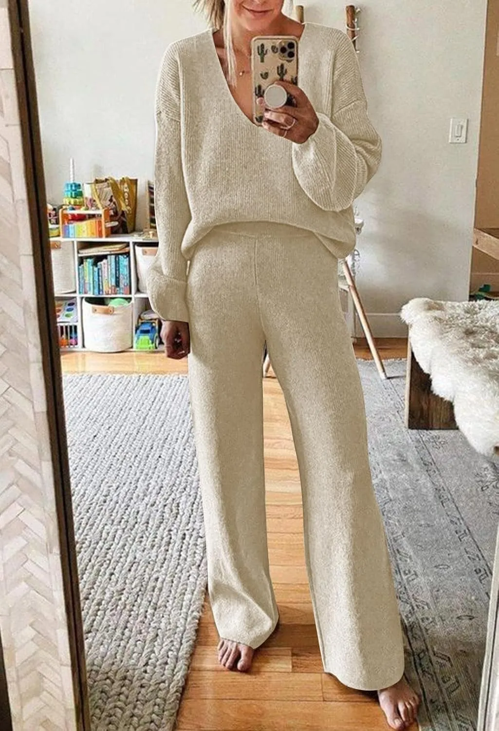Fixmatti Women 2 Piece Knit Set Long Sleeve Pullover Sweater Top Wide Leg Pant Sweatsuit Outfits