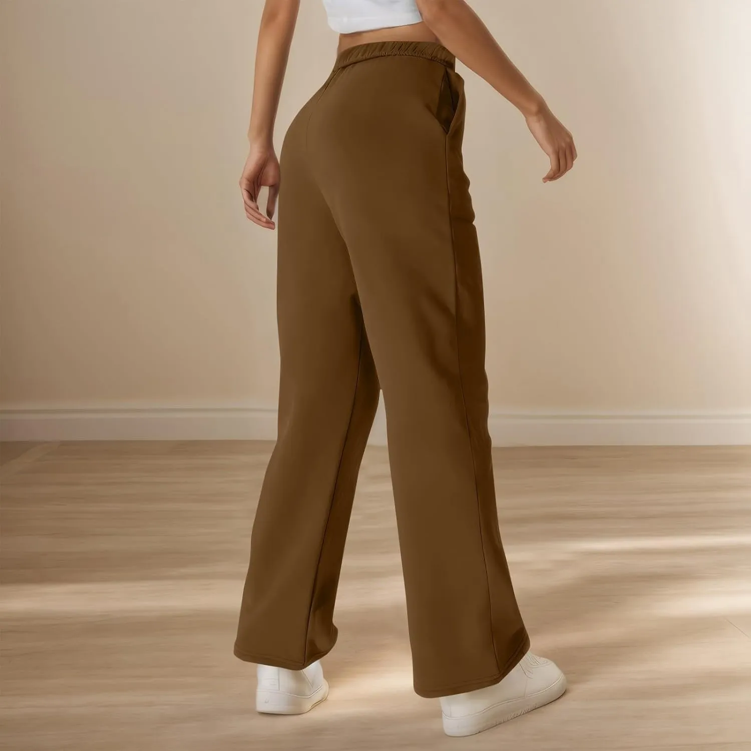 Fleece Straight Leg Sweatpants for Women Elastic High Waisted Joggers Athletic Sweat Pants Lounge Pants with Pockets