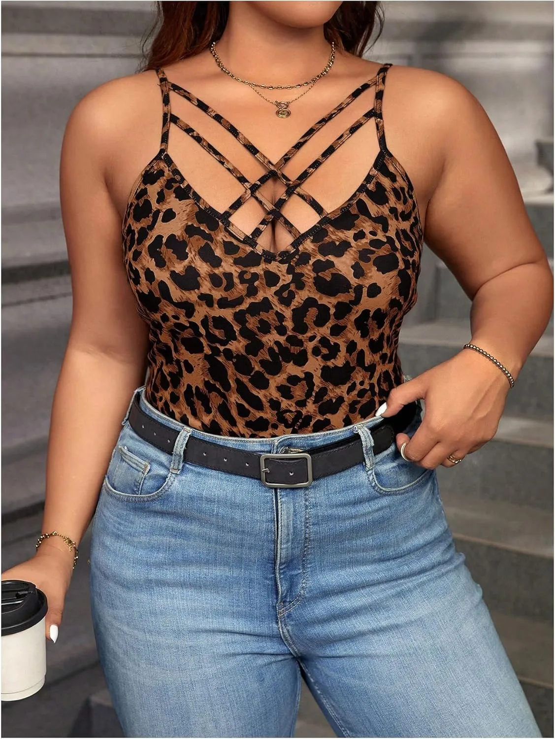 Floerns Women's Plus Size Cheetah Print Criss Cross Camisole V Neck Sleeveless Party Tops