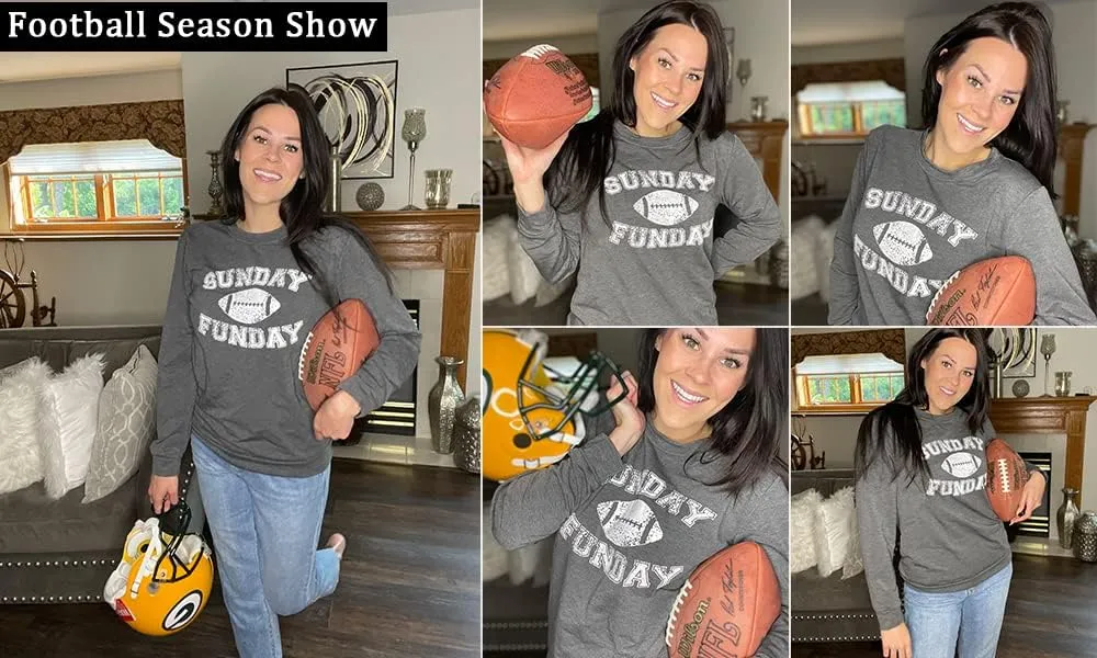 FLOYU Women Sunday Funday Sweatshirt Cute Football Graphic Pullover Game Day Weekend Tops Casual Football Season Shirt