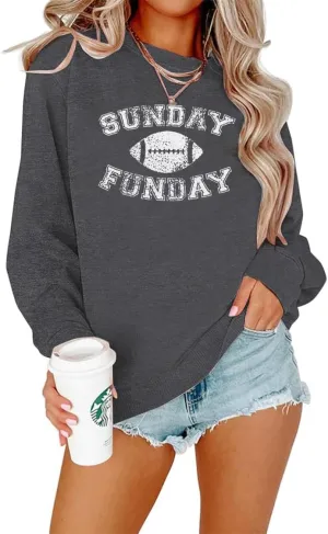 FLOYU Women Sunday Funday Sweatshirt Cute Football Graphic Pullover Game Day Weekend Tops Casual Football Season Shirt