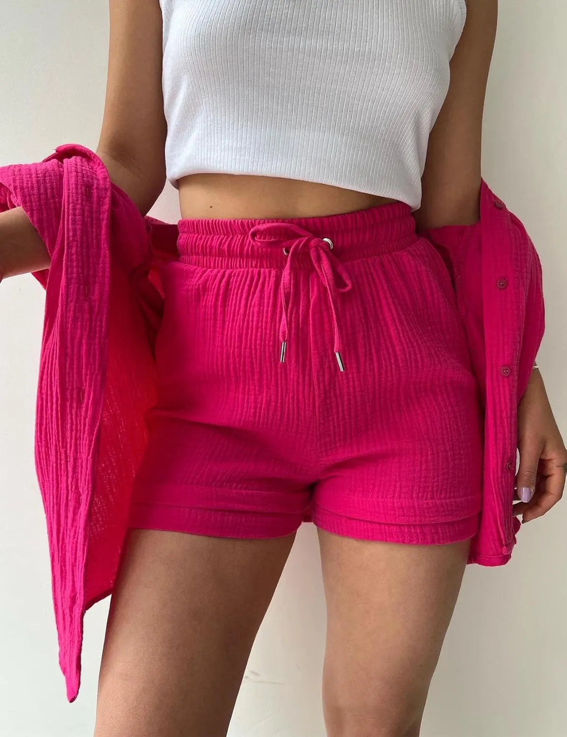 Flygo Women Casual 2 Piece Outfits Cotton Linen Set Long Sleeve Shirt Tops Matching Shorts Sets