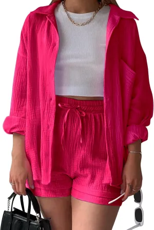 Flygo Women Casual 2 Piece Outfits Cotton Linen Set Long Sleeve Shirt Tops Matching Shorts Sets