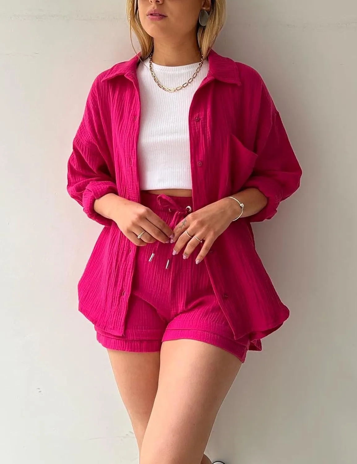 Flygo Women Casual 2 Piece Outfits Cotton Linen Set Long Sleeve Shirt Tops Matching Shorts Sets