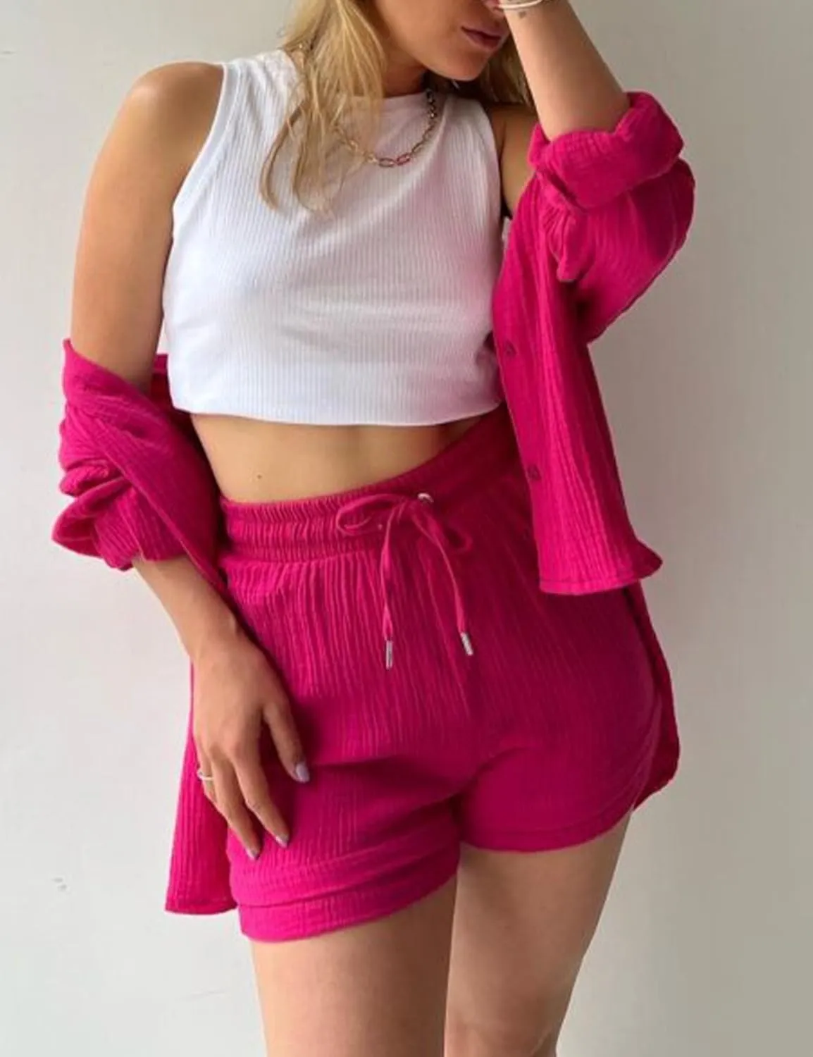 Flygo Women Casual 2 Piece Outfits Cotton Linen Set Long Sleeve Shirt Tops Matching Shorts Sets