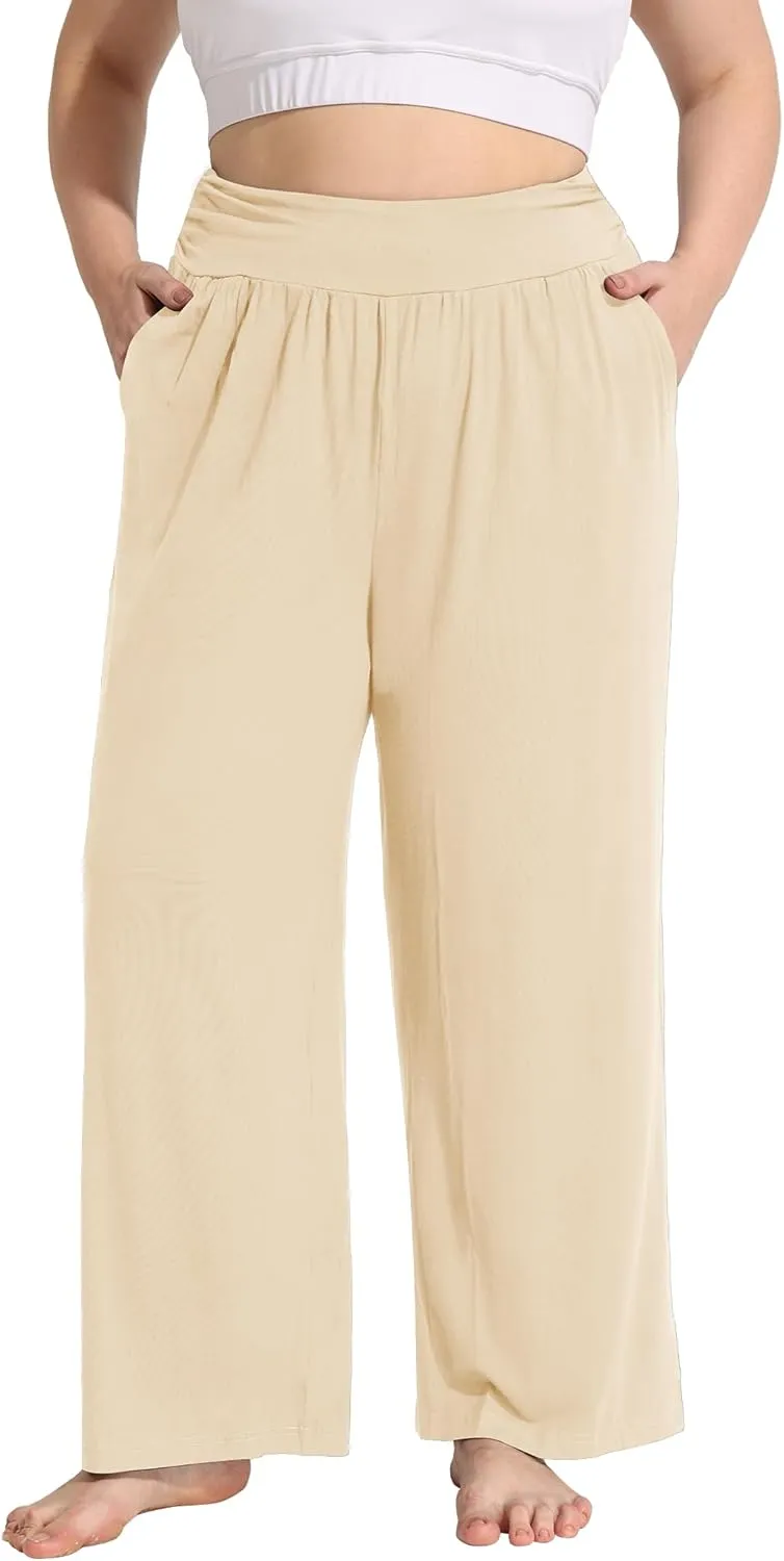 FOREYOND Plus Size Wide Leg Pants for Women Comfy Casual Lounge Yoga Pants High Waist Pajama Pants with Pockets XL-5XL