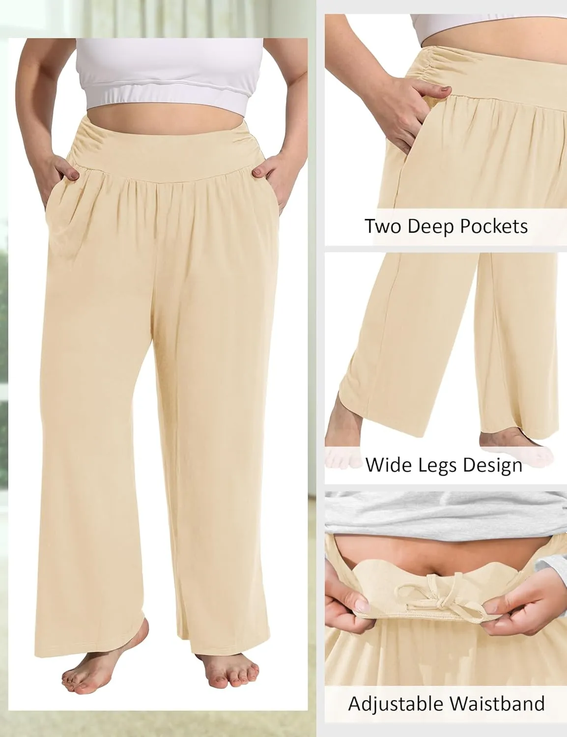 FOREYOND Plus Size Wide Leg Pants for Women Comfy Casual Lounge Yoga Pants High Waist Pajama Pants with Pockets XL-5XL