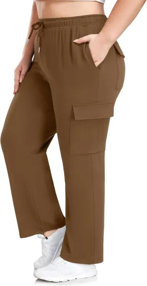 FOREYOND Plus Size Women's Cargo Sweatpants Casual Straight Leg Lounge Pants Drawstring High Waist Joggers with Pockets