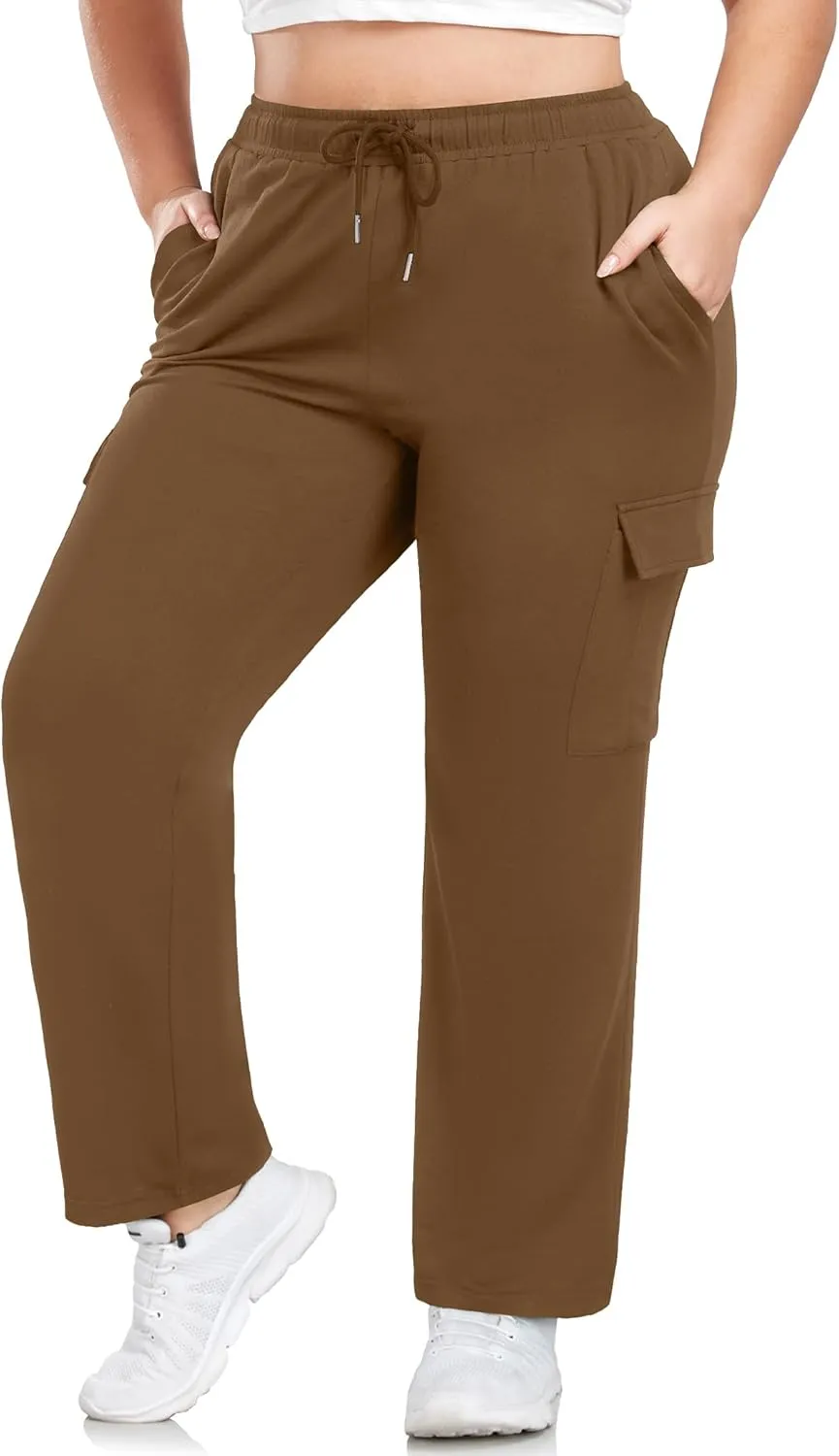 FOREYOND Plus Size Women's Cargo Sweatpants Casual Straight Leg Lounge Pants Drawstring High Waist Joggers with Pockets