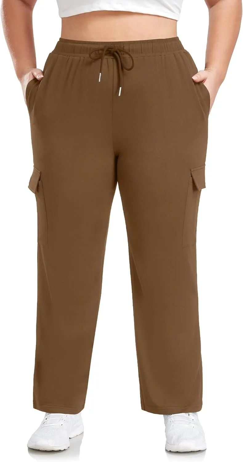 FOREYOND Plus Size Women's Cargo Sweatpants Casual Straight Leg Lounge Pants Drawstring High Waist Joggers with Pockets