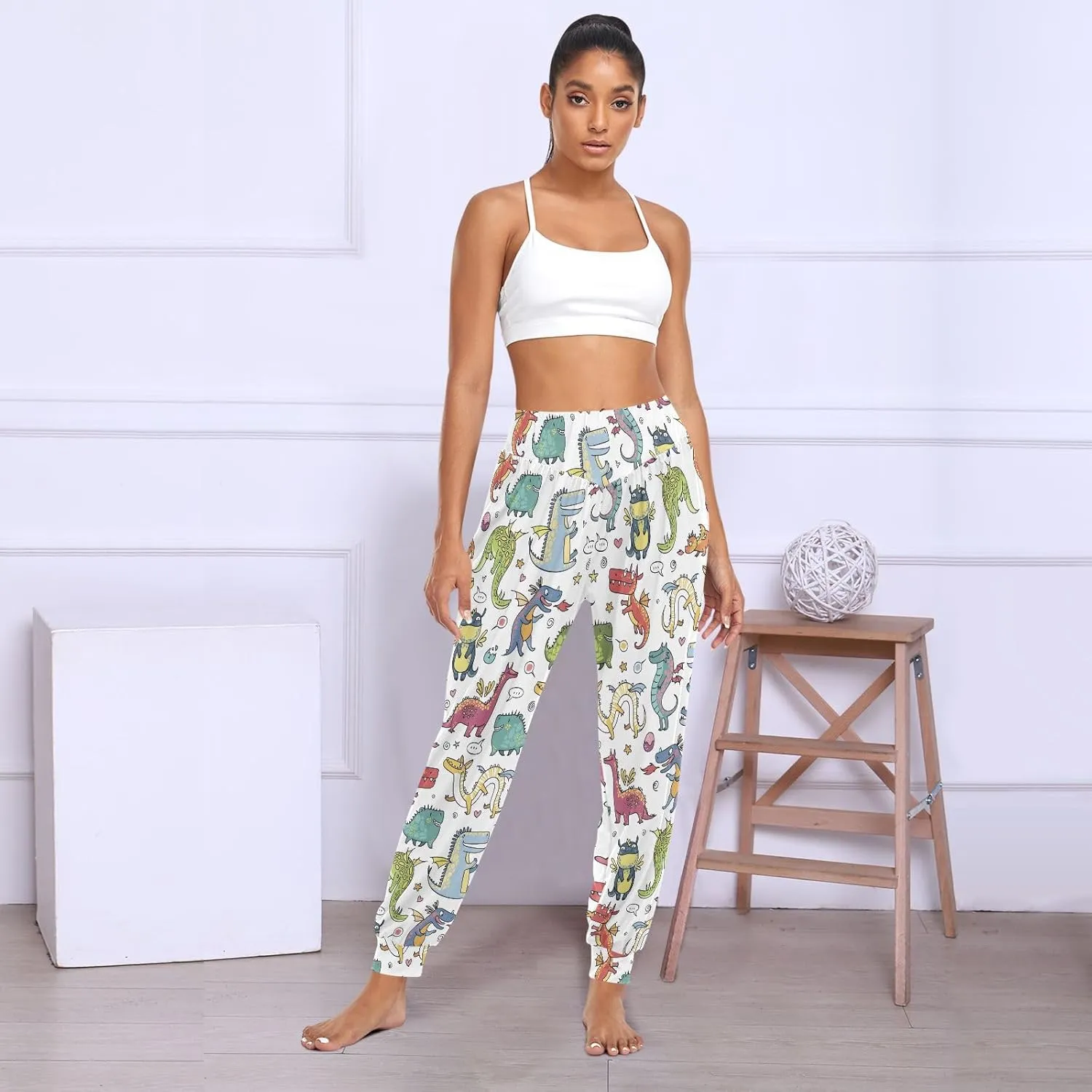 Fustylead Cute Various Happy Cartoon Dragons Women's Harem Pants High Smocked Waist Sweatpants Baggy Casual Trousers