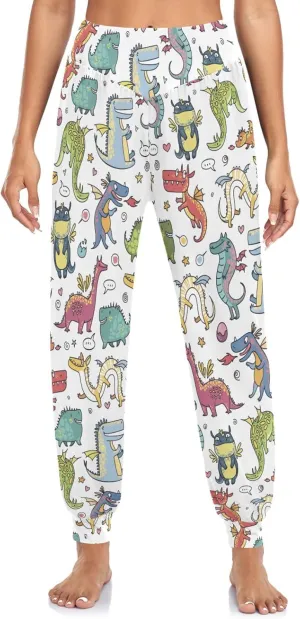 Fustylead Cute Various Happy Cartoon Dragons Women's Harem Pants High Smocked Waist Sweatpants Baggy Casual Trousers