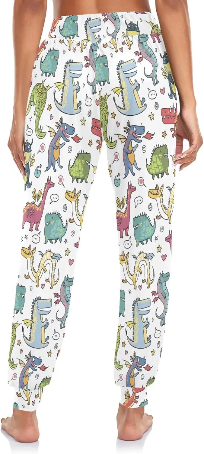 Fustylead Cute Various Happy Cartoon Dragons Women's Harem Pants High Smocked Waist Sweatpants Baggy Casual Trousers