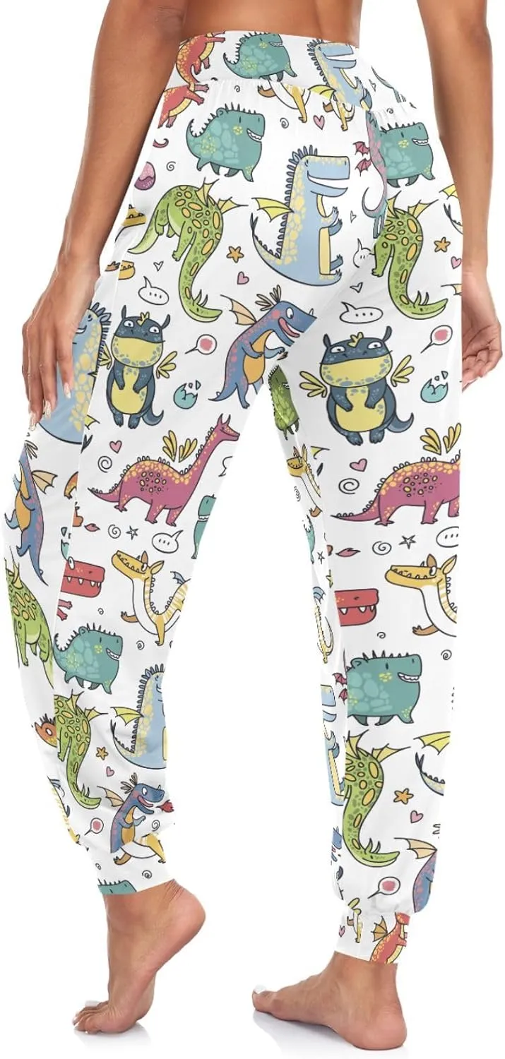 Fustylead Cute Various Happy Cartoon Dragons Women's Harem Pants High Smocked Waist Sweatpants Baggy Casual Trousers