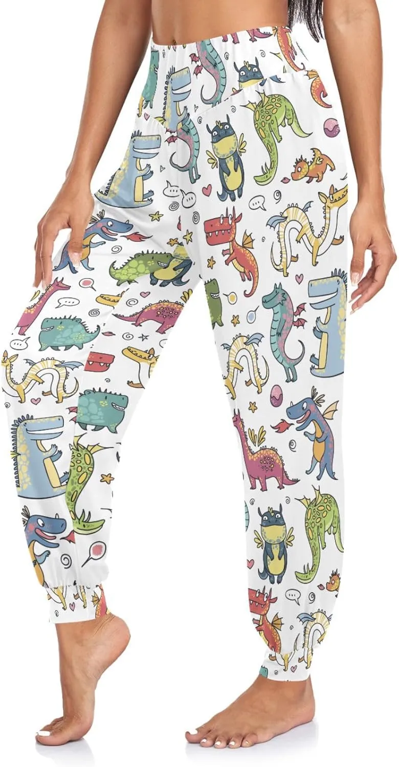 Fustylead Cute Various Happy Cartoon Dragons Women's Harem Pants High Smocked Waist Sweatpants Baggy Casual Trousers